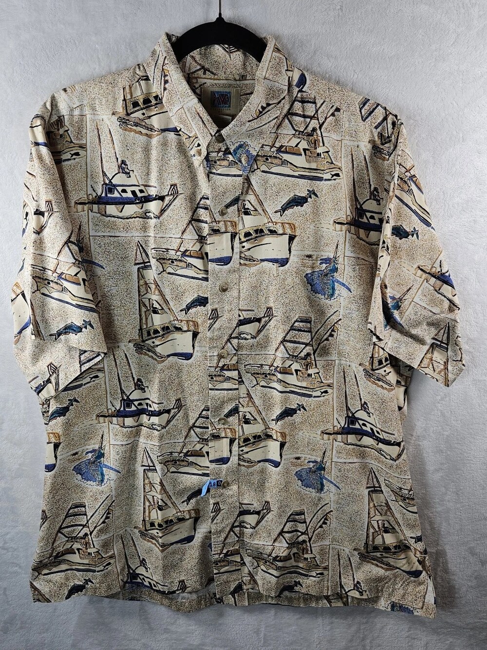 Vintage Kahala Hawaiian Shirt Sailboat Marlin Print Men's Size Medium Vacation